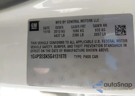 2016 Buick Verano Leather Group z USA, uszkodzony, nr VIN 1G4PS5SK5G4131878